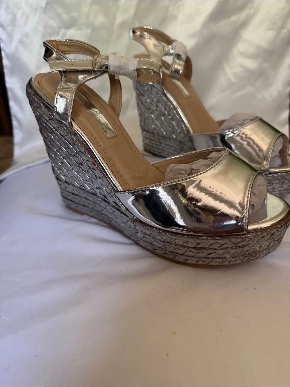 Lauren Lorraine Metallic Silver Espadrille Wedge Sandals